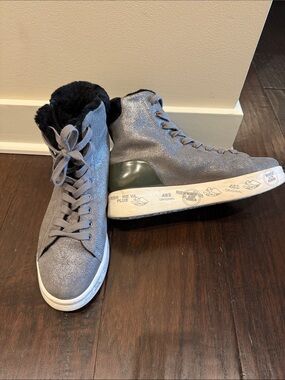 Premiata Edith high top in metallic gray worn once inside only